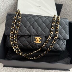 Medium double flap caviar black leather gold Chanel bag brand new